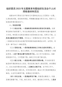组织委员2023年主题教育专题组织生活会个人对照检查材料(政治、思想、能力、作风、纪律,检视剖析,发言提纲)docx